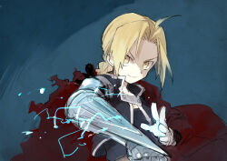 Rule 34 | 1boy, black shirt, blonde hair, blue background, braid, closed mouth, coat, coat on shoulders, edward elric, electricity, fullmetal alchemist, gloves, long hair, male focus, mechanical arms, red coat, shirt, single mechanical arm, solo, soto, white gloves, yellow eyes