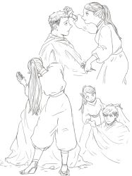 Rule 34 | 1boy, 1girl, adjusting hair, choker, closed mouth, comb, commentary, cutting hair, dungeon meshi, elf, facing away, frown, greyscale, h sinva, highres, holding, holding comb, holding scissors, laios touden, long hair, long sleeves, looking at another, looking down, marcille donato, monochrome, multiple views, pointy ears, ponytail, profile, puffy long sleeves, puffy pants, puffy sleeves, scissors, severed hair, short hair, sideways glance, simple background, sketch, smile, standing, swept bangs, symbol-only commentary, under covers, undercut, very long hair