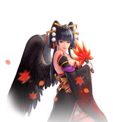 Rule 34 | 1girl, bare shoulders, black hair, black wings, breasts, cleavage, dead or alive, detached sleeves, female focus, japanese clothes, large breasts, nyotengu, official art, purple eyes, snk, solo, the king of fighters all-stars, wings