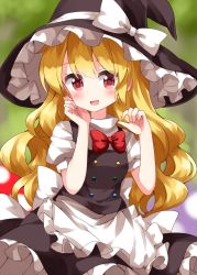 Rule 34 | 100th black market, 1girl, apron, back bow, black dress, black hat, blonde hair, blurry, blurry background, blush, bow, bowtie, breasts, buttons, commentary, dress, eyes visible through hair, food, frills, hair between eyes, hand on own face, hands up, hat, hat bow, highres, kirisame marisa, leaf, long hair, looking to the side, medium breasts, multicolored buttons, mushroom, one-hour drawing challenge, open mouth, puffy short sleeves, puffy sleeves, red bow, red bowtie, red eyes, ruu (tksymkw), shirt, short sleeves, smile, solo, standing, touhou, tree, white apron, white bow, white shirt, witch hat