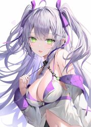Rule 34 | 1girl, ahoge, armpit crease, bare shoulders, black choker, blush, bow, breasts, center opening, chain, choker, cleavage, detached sleeves, dot nose, earrings, facial mark, fang, green eyes, grey hair, hair bow, hair ribbon, halterneck, hand up, heart, highres, jewelry, long hair, long sleeves, looking at viewer, medium breasts, navel, no bra, open mouth, original, pointy ears, pulled by self, purple ribbon, revealing clothes, ribbon, rin yuu, shirt, sidelocks, simple background, skin fang, smile, solo, spaghetti strap, stomach, strap gap, strap pull, two side up, upper body, white background, white hair, white shirt