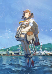 Rule 34 | 1girl, absurdres, adapted turret, armband, binoculars, bird, black socks, blue sky, brown hair, building, cannon, commentary, crane (machine), day, dress, english commentary, closed eyes, full body, high heels, highres, kantai collection, long sleeves, neckerchief, outdoors, rigging, rudder footwear, sailor dress, seagull, short hair, sky, socks, solo, speaking tube headset, standing, standing on liquid, torpedo, torpedo launcher, ye fan, yellow neckerchief, yukikaze (kancolle)