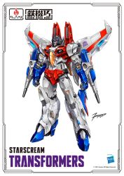 Rule 34 | airplane wing, arm cannon, artist request, clenched hands, commentary, copyright name, decepticon, english commentary, flame toys, hasbro, highres, hyogo funabashi, logo, mecha, no humans, official art, red eyes, robot, signature, smile, solo, standing, starscream, transformers, weapon