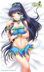 Rule 34 | 1girl, ;), bandeau, bare shoulders, black hair, blue eyes, blue panties, blue ribbon, blunt bangs, blush, bracelet, breast hold, breasts, choker, cleavage, collarbone, copyright request, cowboy shot, crop top, from above, groin, hair ornament, highres, jewelry, large breasts, long hair, looking at viewer, lying, midriff, navel, official art, on back, one eye closed, original, panties, petals, ponytail, ribbon, ribbon choker, riyun (halodark), shiny skin, showgirl skirt, sideboob, sidelocks, smile, solo, stomach, strapless, taut clothes, tube top, underwear, very long hair