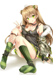 Rule 34 | 1girl, :p, ajo (rolan666), bare shoulders, breasts, brown hair, cleavage, collarbone, dog tags, double bun, full body, girls&#039; frontline, green eyes, hair bun, highres, jacket, long hair, looking at viewer, medium breasts, rfb (girls&#039; frontline), shirt, sitting, smile, socks, solo, striped clothes, striped socks, tongue, tongue out, v, vertical-striped clothes, vertical-striped socks