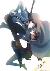 Rule 34 | 2boys, black hair, black pants, blurry, bokeh, carrying over shoulder, closed mouth, cosplay, depth of field, eye contact, from side, glasses, grey cloak, gun, hand on own hip, holding, holding weapon, jacket, knee up, looking at another, male focus, mikumo osamu, mikumo squad&#039;s uniform, multiple boys, pants, profile, red jacket, rico gyouza, rifle, shoes, simple background, smile, sniper rifle, touma isami, twitter username, weapon, white background, world trigger