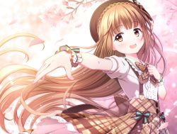 Rule 34 | 1girl, :d, blurry, blurry background, blush, bow, branch, brown bow, brown eyes, brown hair, brown skirt, center frills, collared shirt, commentary request, depth of field, floating hair, flower, frilled shirt collar, frills, hand up, idolmaster, idolmaster cinderella girls, idolmaster cinderella girls starlight stage, long hair, looking at viewer, looking to the side, open mouth, outstretched arm, petals, pink flower, plaid, plaid bow, plaid skirt, pleated skirt, puffy short sleeves, puffy sleeves, shirt, short sleeves, skirt, smile, solo, striped, striped bow, sui. (ayase), teeth, upper teeth only, very long hair, white shirt, wrist cuffs, yorita yoshino
