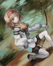 Rule 34 | 00s, 1girl, aoki (fumomo), arrow (projectile), ascot, bad drawr id, bad id, black pantyhose, blonde hair, bow (weapon), buckle, dutch angle, gloves, green eyes, hairband, long sleeves, natalia luzu kimlasca lanvaldear, on one knee, orange ascot, pantyhose, puffy long sleeves, puffy sleeves, short hair, solo, tales of (series), tales of the abyss, tegaki, thighhighs, weapon, white thighhighs