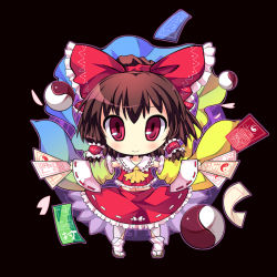 Rule 34 | 1girl, ascot, bow, brown hair, chibi, detached sleeves, hair bow, hair ribbon, hair tubes, hakurei reimu, holding, looking at viewer, ms06s, nontraditional miko, ofuda, red eyes, ribbon, solo, touhou, translation request