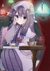 Rule 34 | 1girl, adjusting eyewear, bespectacled, black ribbon, blue bow, blunt bangs, blush, book, book stack, bow, capelet, closed mouth, commentary request, crescent, crescent hat ornament, cup, doko ka no hosono, dress, feet out of frame, frilled sleeves, frills, glasses, hair bow, hat, hat ornament, highres, long dress, long hair, long sleeves, looking at viewer, mob cap, multi-tied hair, neck ribbon, patchouli knowledge, pillow, pink capelet, pink hat, purple dress, purple eyes, purple hair, red bow, ribbon, round eyewear, sitting, solo, striped clothes, striped dress, teacup, touhou, vertical-striped clothes, vertical-striped dress, very long hair