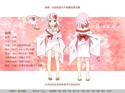 Rule 34 | 1girl, back, bare legs, bare shoulders, blush, braid, character name, character profile, chinese text, copyright name, flip-flops, flower, from behind, full body, furisode, geta, hair flower, hair ornament, hatsunatsu, highres, japanese clothes, kimono, looking at viewer, multiple views, obi, original, pink hair, red eyes, sandals, sash, sergestid shrimp in tungkang, short hair, shrimp, side braid, single braid, smile, standing, translation request, turnaround, xuan ying