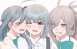 Rule 34 | 3girls, ^ ^, ahoge, asashimo (kancolle), brown eyes, cheek-to-cheek, closed eyes, commentary request, dress shirt, eyes visible through hair, green neckwear, grey eyes, grey hair, grin, hair between eyes, hair over one eye, heads together, kantai collection, kasumi (kancolle), kiyoshimo (kancolle), long hair, low twintails, multiple girls, one eye closed, open mouth, ponytail, rinto (rint rnt), round teeth, sharp teeth, shirt, side ponytail, simple background, smile, suspenders, teeth, twintails, upper body, upper teeth only, wavy mouth, white background, white shirt