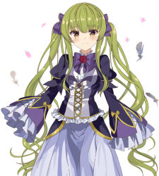 Rule 34 | 1girl, bow, brown eyes, dress, feathers, flower, frilled sleeves, frills, green hair, hair bow, long hair, looking at viewer, original, purple bow, purple dress, satsuki yuni, solo, standing, twintails, very long hair