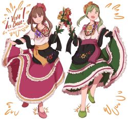 Rule 34 | 2girls, adapted costume, blunt bangs, bouquet, brown hair, dress, floral print, flower, frilled dress, frills, green dress, green eyes, green footwear, green hair, hair flower, hair ornament, high heels, highres, jewelry, long hair, looking at viewer, mefomefo, mexican dress, multiple girls, necklace, nishida satono, orange flower, orange rose, pink dress, pink flower, pink footwear, pink rose, puffy short sleeves, puffy sleeves, purple eyes, red flower, red rose, rose, shoes, short hair with long locks, short sleeves, sidelocks, simple background, smile, standing, standing on one leg, teireida mai, touhou, white background