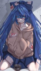 Rule 34 | 1girl, absurdres, blue bow, blue eyes, blue hair, blue skirt, blurry, bow, bowl, brown hoodie, closed mouth, collarbone, commentary request, crack, cracked wall, debt, depth of field, drop shadow, expressionless, feet out of frame, hair between eyes, hair bow, highres, hood, hoodie, long hair, looking at viewer, oversized clothes, sitting, skirt, sleeves past fingers, sleeves past wrists, solo, touhou, tsune (tune), very long hair, wariza, yorigami shion