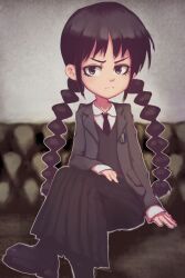 Rule 34 | 1girl, addams family, angry, black footwear, black hair, black jacket, black necktie, black skirt, black sweater vest, braid, conoghi, couch, highres, jacket, long hair, long sleeves, looking at viewer, necktie, open clothes, open jacket, school uniform, shirt, shoes, sitting, skirt, sweater vest, twin braids, wednesday (netflix), wednesday addams, white shirt