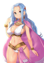 Rule 34 | 1girl, bare shoulders, blue hair, bracelet, cape, earrings, green eyes, highres, jewelry, long hair, magister, midriff, navel, nefertari vivi, one piece, simple background, solo, thighs, white background