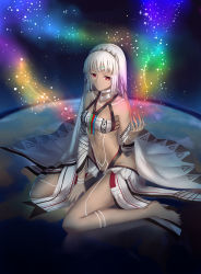 Rule 34 | 10s, 1girl, altera (fate), bare shoulders, barefoot, blunt bangs, breasts, closed mouth, dark-skinned female, dark skin, detached sleeves, fate/extella, fate/extra, fate (series), full-body tattoo, full body, gogatsu fukuin, highres, looking at viewer, navel, red eyes, short hair, sitting, small breasts, solo, stomach, tattoo, veil, wariza, white hair