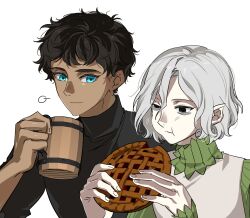 Rule 34 | 2boys, :t, black eyes, black shirt, blue eyes, brown hair, cup, dungeon meshi, eating, elf, expressionless, food, hands up, highres, holding, holding cup, holding food, kabru, looking at another, male focus, mithrun, multiple boys, notched ear, oejikim, pie, pointy ears, puff of air, shirt, short hair, simple background, smile, tankard, uneven eyes, upper body, white background, white hair