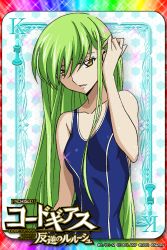 Rule 34 | 1girl, c.c., card (medium), checkered background, chess piece, code geass, green hair, hand in own hair, long hair, looking at viewer, official art, one-piece swimsuit, school swimsuit, solo, swimsuit, yellow eyes