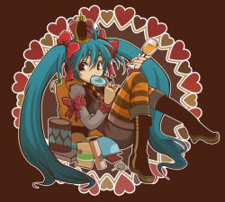 Rule 34 | 1girl, aikosu (icos), aqua hair, boots, bow, brown eyes, candy, crown, drink, food, hair bow, hatsune miku, heart, lollipop, long hair, pantyhose, solo, song request, striped clothes, striped pantyhose, very long hair, vocaloid