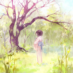 Rule 34 | 1girl, alt (apou), black hair, blurry, closed eyes, faux traditional media, hands on own chest, highres, japanese clothes, kimono, light smile, muted color, obi, original, outdoors, pond, sash, scenery, short hair, sketch, solo, sunlight, tree, yukata