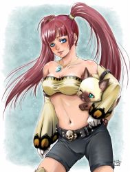 Rule 34 | 1girl, bandeau, bandeau bikini, bare shoulders, belt, bike shorts, blue eyes, blunt bangs, blush, breasts, capcom, carrying, carrying under arm, cat, cleavage, detached sleeves, gloves, hair ornament, hime cut, jewelry, lipstick, long hair, magatama, makeup, midriff, monster hunter (series), navel, necklace, parted bangs, pendant, pink hair, skull, slash (blrendmocha), smile, solo, studded belt, thighhighs, twintails, wince, zettai ryouiki
