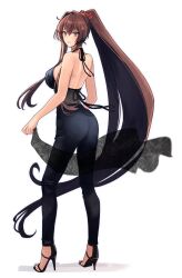 Rule 34 | 1girl, alternate costume, ass, backless outfit, black footwear, black pants, breasts, brown hair, commentary request, full body, hair intakes, high heels, highres, kantai collection, kasumi (skchkko), large breasts, long hair, looking at viewer, looking back, pants, parted lips, ponytail, smile, solo, toes, very long hair, white background, yamato (kancolle)