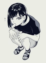 Rule 34 | 1girl, bob cut, fingernails, food, grey background, greyscale, hands on own knees, highres, looking at viewer, monochrome, mouth hold, nikaidou kou, original, popsicle, sandals, shirt, short hair, shorts, simple background, solo, squatting, sweatdrop, toenails, toes