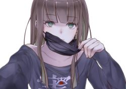 Rule 34 | 1boy, artist request, bare shoulders, black shirt, brown hair, closed mouth, crossdressing, green eyes, gretel (sinoalice), hair between eyes, highres, holding, long hair, looking at viewer, mask, mouth mask, reality arc (sinoalice), shirt, simple background, sinoalice, solo, trap, white background