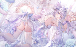 Rule 34 | 1girl, blue eyes, blurry, blurry background, blush, bound, bound wrists, breasts, chandelier, commentary, commission, dress, glass slipper, hair ornament, hair ribbon, heterochromia, high heels, highres, indie virtual youtuber, indoors, isari sensei, long hair, looking at viewer, looking back, medium breasts, mikazuki silvi, nail polish, panties, pantyshot, parted lips, pastel colors, purple eyes, restrained, ribbon, sideboob, soles, solo, squatting, thighhighs, underwear, virtual youtuber, white dress, white hair, white nails, white panties, white thighhighs, zettai ryouiki