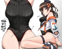 Rule 34 | 1girl, arrow (symbol), black hair, black leotard, blush, breasts, collarbone, commentary request, covered navel, dokudoku913, earrings, groin, hashtag, hat, heart, highres, idolmaster, idolmaster cinderella girls, jacket, jacket partially removed, jewelry, leotard, looking at viewer, medium breasts, mini hat, mole, mole under eye, multiple views, no pants, ribbed leotard, shoes, simple background, sitting, sleeveless, sneakers, sunazuka akira, thigh strap, translation request, wariza, wavy hair, white background