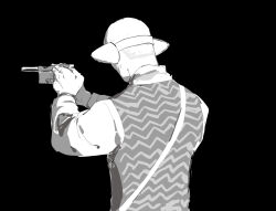Rule 34 | 1boy, aiming, apios, arms up, bald, black background, from behind, golden kamuy, greyscale, gun, handgun, headphones, holding, holding gun, holding weapon, long sleeves, male focus, monochrome, shirt, simple background, sketch, solo, standing, toni anji, two-handed, upper body, vest, weapon