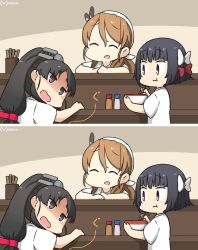 Rule 34 | 3girls, alternate costume, bandana, black hair, bowl, brown eyes, chopsticks, commentary request, counter, dated, closed eyes, hair ribbon, hair tie, hamu koutarou, high ponytail, highres, ishigaki (kancolle), kantai collection, littorio (kancolle), long hair, multi-tied hair, multiple girls, nisshin (kancolle), one-hour drawing challenge, purple eyes, red ribbon, ribbon, shirt, short eyebrows, short hair, spot the differences, t-shirt, thick eyebrows, very long hair, white ribbon, white shirt