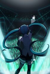 Rule 34 | 1girl, arm up, audience, blue hair, collared shirt, concert, crowd, detached sleeves, floating hair, from behind, glowstick, hair ornament, hand up, hatsune miku, highres, kenshiro nyuusu, lace trim, light particles, long hair, long sleeves, penlight (glowstick), pleated skirt, shirt, skirt, sleeveless, sleeveless shirt, solo, spotlight, stage, thighhighs, twintails, very long hair, vocaloid, zettai ryouiki