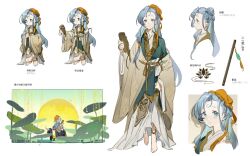 Rule 34 | 1girl, 37 (reverse:1999), bamboo scroll, barefoot, blue eyes, blue hair, bokyo, brown hanfu, brown robe, bull, bun cover, chibi, chibi inset, chinese clothes, flute, hand up, hanfu, holding, holding scroll, instrument, long hair, long sleeves, lotus leaf, multiple views, reverse:1999, riding, robe, scroll, smile, very long hair, white background, wide sleeves