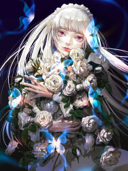 Rule 34 | 1girl, albino, blunt bangs, bug, butterfly, fata morgana no yakata, flower, highres, holding, holding flower, insect, kane mune, light smile, long hair, looking at viewer, maid, maid headdress, official art, pale skin, red eyes, rose, solo, the white-haired girl (fata morgana no yakata), white flower, white hair, white rose