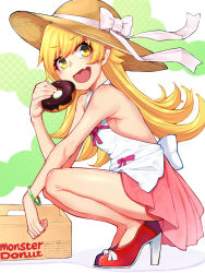 Rule 34 | 1girl, :d, bakemonogatari, bangle, bare arms, bare shoulders, blonde hair, bow, bracelet, breasts, brown hat, camisole, commentary request, doughnut, fang, food, hat, hat bow, high heels, highres, holding, holding food, jewelry, long hair, looking at viewer, mikan (chipstar182), monogatari (series), open mouth, oshino shinobu, pastry box, pink skirt, pleated skirt, red footwear, shoes, skirt, small breasts, smile, solo, squatting, sun hat, very long hair, white bow, white camisole, yellow eyes