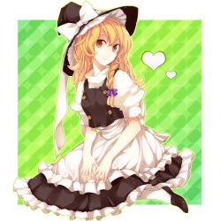 Rule 34 | 1girl, apron, bad id, bad pixiv id, blonde hair, braid, buttons, face, female focus, frills, hat, heart, homura (aristocrat-y), kirisame marisa, looking at viewer, orange eyes, puffy sleeves, side braid, sitting, smile, solo, touhou, turtleneck, waist apron, witch, witch hat