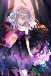 Rule 34 | 1girl, bare shoulders, breasts, choker, closed mouth, detached sleeves, dress, feathers, flower, grey eyes, grey hair, highres, kazu (muchuukai), long hair, looking at viewer, original, small breasts, solo, standing