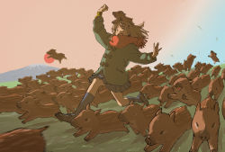 Rule 34 | 1girl, absurdres, animal, animal on head, arms up, black socks, black skirt, boar, brown eyes, brown footwear, brown hair, coat, commentary request, duffel coat, full body, gradient sky, grass, green coat, highres, huge filesize, kneehighs, long hair, long sleeves, midair, motion blur, mount fuji, no pupils, on head, open mouth, original, outdoors, pleated skirt, red scarf, red sun, running, scarf, shiki haru, skirt, sky, smile, socks, solo, sun, sunset, winter clothes