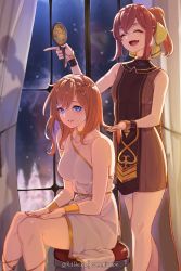 Rule 34 | 2girls, absurdres, bare shoulders, blue eyes, braid, brown hair, brushing another&#039;s hair, brushing hair, casual, choker, commission, delthea (fire emblem), closed eyes, fire emblem, fire emblem echoes: shadows of valentia, hair ribbon, highres, indoors, multiple girls, nintendo, original, ribbon, ritence