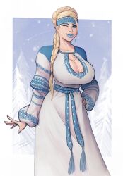 Rule 34 | 1girl, blonde hair, blue dress, blue eyes, blue headband, blue lips, braid, braided ponytail, breasts, cleavage, clothing request, collarbone, devilhs, dress, hand on own hip, headband, highres, huge breasts, long hair, looking at viewer, one eye closed, signature, slavic clothes, slavic mythology, snegurochka (mythology), solo, standing, two-tone dress, white dress