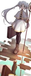 Rule 34 | 1girl, absurdres, black pantyhose, boots, brown footwear, capelet, commentary request, dress, frieren, frognotforg030, green eyes, highres, holding, holding staff, holding suitcase, long hair, looking at viewer, pantyhose, parted bangs, pointy ears, reflection, shirt, simple background, smile, solo, sousou no frieren, staff, striped clothes, striped shirt, suitcase, twintails, white background, white capelet, white dress, white hair