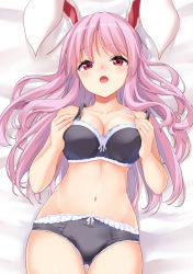 Rule 34 | 1girl, animal ears, black bra, black panties, blush, bra, breasts, cleavage, hands on own breasts, hisae (hisae collect), large breasts, long hair, looking at viewer, lying, medium breasts, navel, on back, open mouth, panties, pink hair, rabbit ears, rabbit girl, red eyes, reisen udongein inaba, solo, thigh gap, thighs, touhou, underwear, underwear only