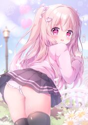 Rule 34 | 1girl, arched back, ass, black skirt, black thighhighs, blush, branch, chiika (cure cherish), child, d:, female focus, flower, frilled panties, frills, from behind, hair ornament, heart, heart hair ornament, leaning forward, long hair, long sleeves, looking at viewer, looking back, miniskirt, open mouth, original, outdoors, panties, pantyshot, pink eyes, pink hair, pink sweater, pleated skirt, ribbed sleeves, skirt, skirt caught on object, solo, sweater, thighhighs, trefoil, two side up, underwear, upskirt, very long hair, white panties, zettai ryouiki