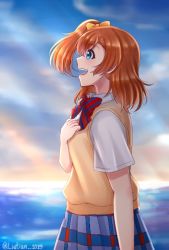 Rule 34 | 1girl, artist name, artist request, blue eyes, blue skirt, blue sky, blush, bow, bowtie, breasts, checkered clothes, checkered skirt, cloud, collared shirt, day, female focus, floating hair, hair between eyes, kosaka honoka, looking at viewer, looking to the side, looking up, love live!, love live! school idol project, miniskirt, ocean, orange hair, otonokizaka school uniform, outdoors, parted lips, plaid, plaid skirt, pleated, pleated skirt, ponytail, red bow, school uniform, shirt, short ponytail, short sleeves, side ponytail, skirt, sky, small breasts, smile, solo, striped, striped bow, sweater vest, vest, white shirt, yellow bow, yellow vest