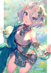 Rule 34 | 1girl, antenna hair, bare shoulders, blush, breasts, bridal gauntlets, detached sleeves, dress, elf, flower, green dress, hair between eyes, hair flower, hair ornament, kokkoro (princess connect!), long sleeves, looking at viewer, open mouth, pointy ears, princess connect!, purple eyes, short hair, silver hair, small breasts, solo, white flower, yoshimoto (dear life)