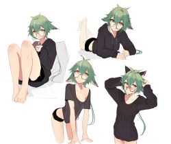 Rule 34 | 1girl, :q, alternate costume, animal ear hairband, animal ears, antenna hair, barefoot, black hoodie, black shirt, blue hair, blush, breasts, cat ear hairband, cat ears, cup, dolphin shorts, dress, extra ears, fake animal ears, floppy ears, genshin impact, glasses, green hair, hair between eyes, hairband, highres, holding, holding cup, hood, hoodie, leaning forward, long hair, looking over eyewear, lumo 1121, lying, micro shorts, multicolored hair, multiple views, no bra, nose blush, off-shoulder shirt, off shoulder, on stomach, see-through, see-through shirt, semi-rimless eyewear, shirt, shorts, small breasts, streaked hair, sucrose (genshin impact), sweater, sweater dress, t-shirt, tongue, tongue out, yellow eyes