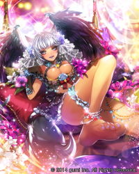 Rule 34 | 1girl, animal ears, anklet, barefoot, black gloves, blue eyes, blue lips, blue nails, blush, breasts, cleavage, company name, dark-skinned female, dark skin, elbow gloves, eu (euspia), feet, gloves, jewelry, large breasts, lipstick, looking at viewer, maboroshi juuhime, makeup, nail polish, parted lips, short hair, silver hair, smile, soles, solo, toes, tongue, tongue out, wings